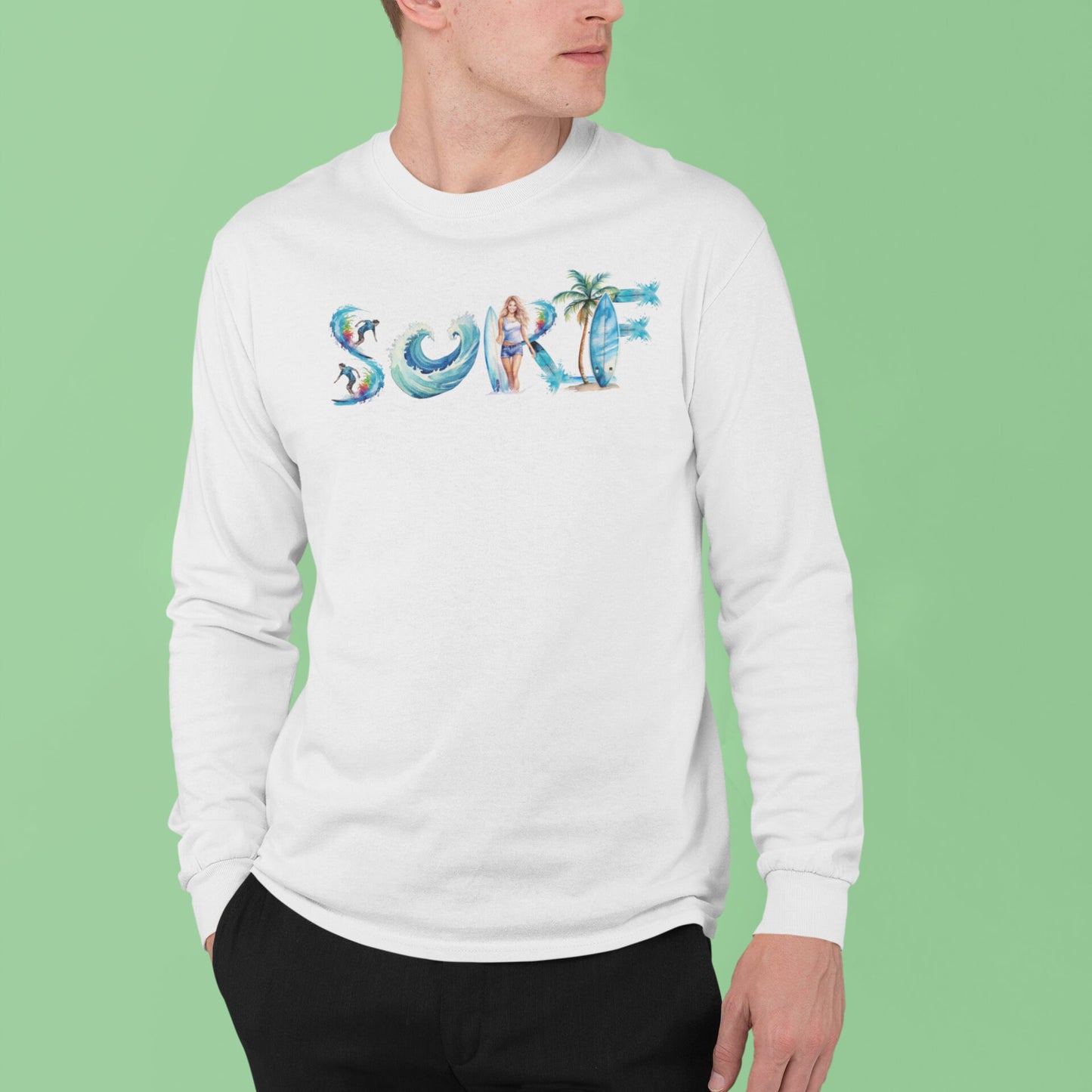 Surf board long sleeve T-shirt, summer long sleeve T-shirt, surfer girl long sleeve T-shirt, beach lover long sleeve T-shirt, beach time